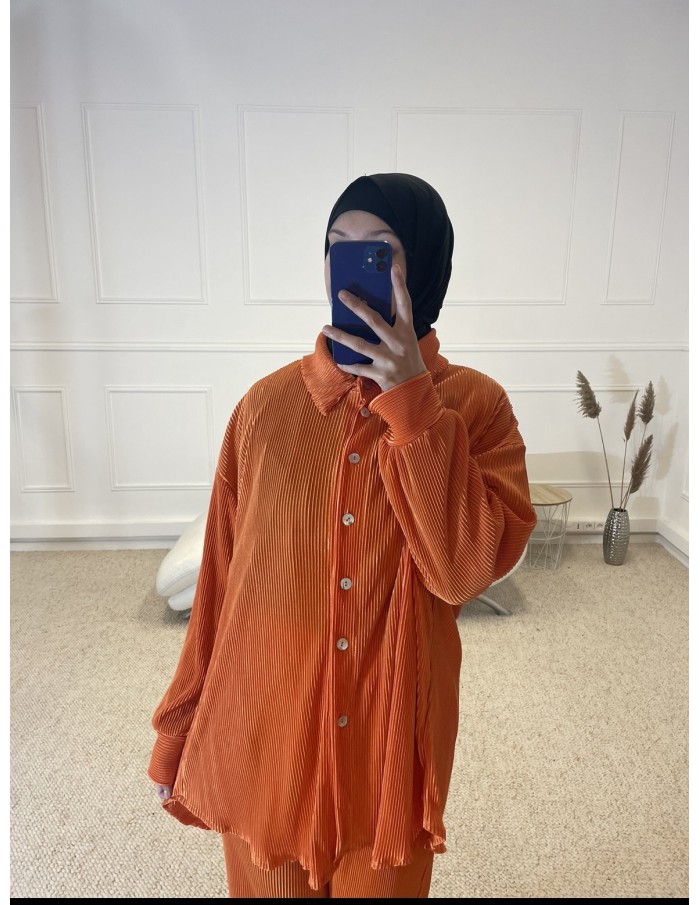 ENSEMBLE 2 PIÈCES EN SATIN PLISSÉ FEMME ORANGE - MASTOUR