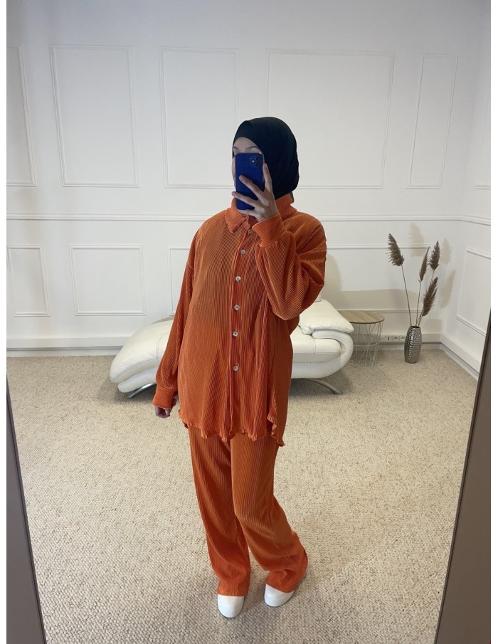 ENSEMBLE 2 PIÈCES EN SATIN PLISSÉ FEMME ORANGE - MASTOUR