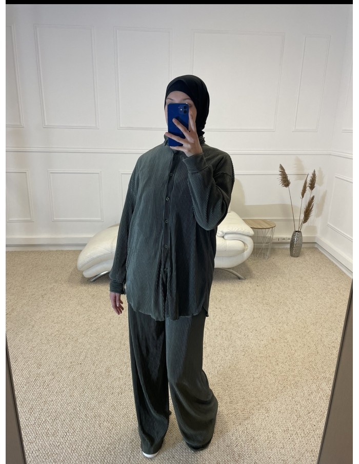 ENSEMBLE 2 PIÈCES EN SATIN PLISSÉ FEMME KAKI - MASTOUR