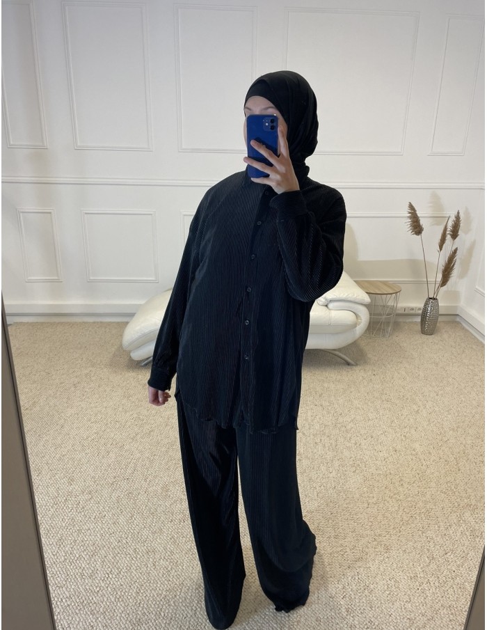 ENSEMBLE 2 PIÈCES EN SATIN PLISSÉ FEMME NOIR - MASTOUR