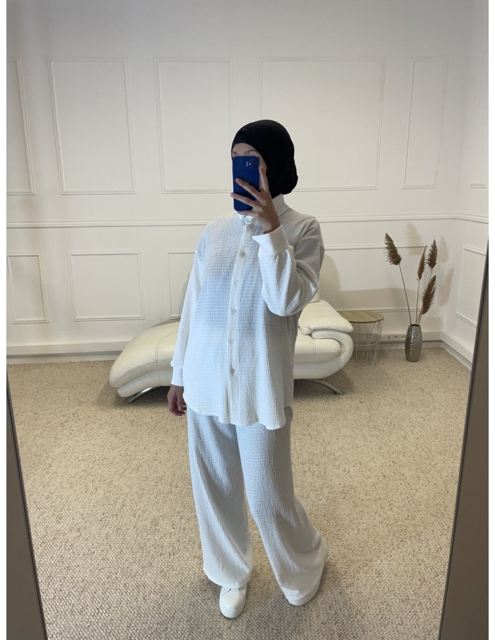ENSEMBLE 2 PIÈCES CHEMISIER + PANTALON FLUIDE FEMME BLANC - MASTOUR