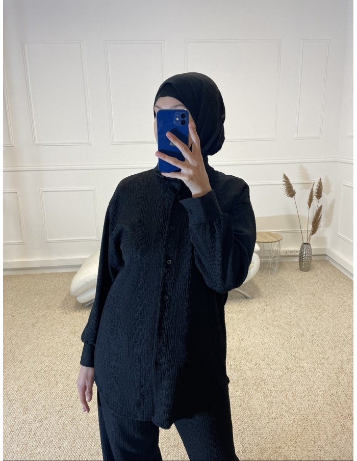 ENSEMBLE 2 PIÈCES CHEMISIER + PANTALON FLUIDE FEMME NOIR - MASTOUR