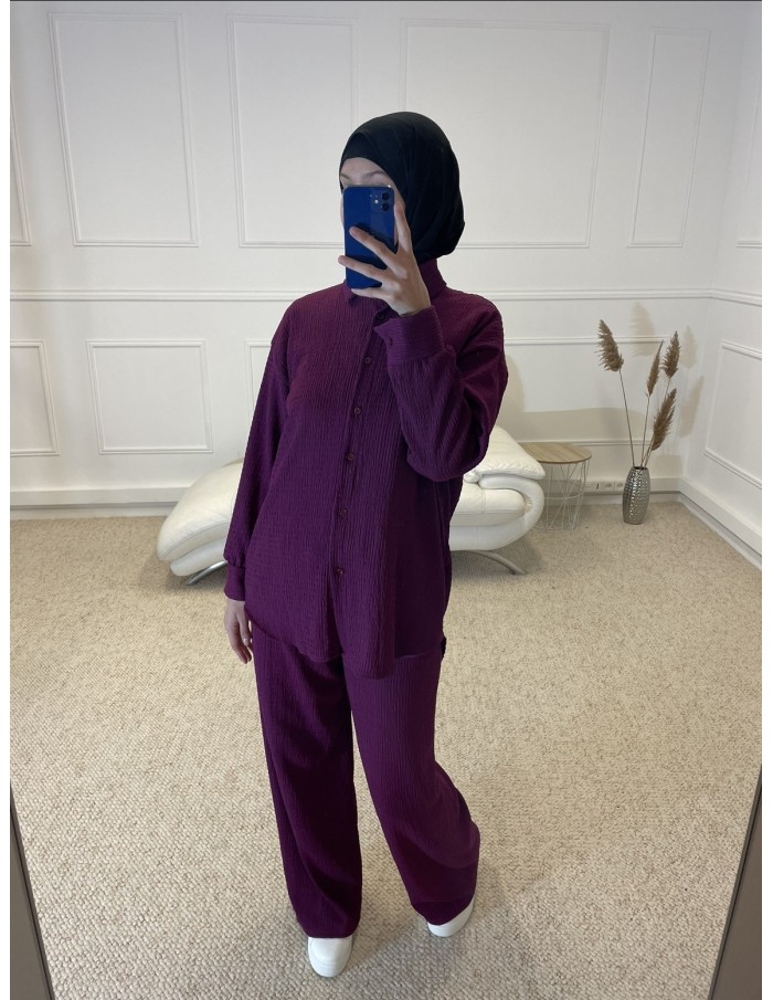 ENSEMBLE 2 PIÈCES CHEMISIER + PANTALON FLUIDE FEMME PRUNE - MASTOUR