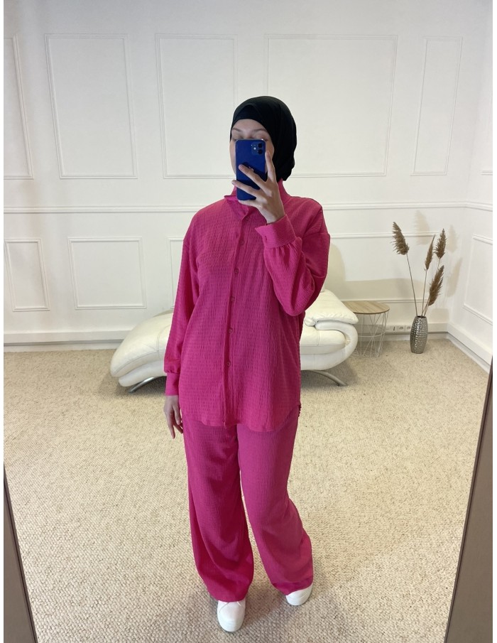 ENSEMBLE 2 PIÈCES CHEMISIER + PANTALON FLUIDE FEMME ROSE FUSHIA - MASTOUR