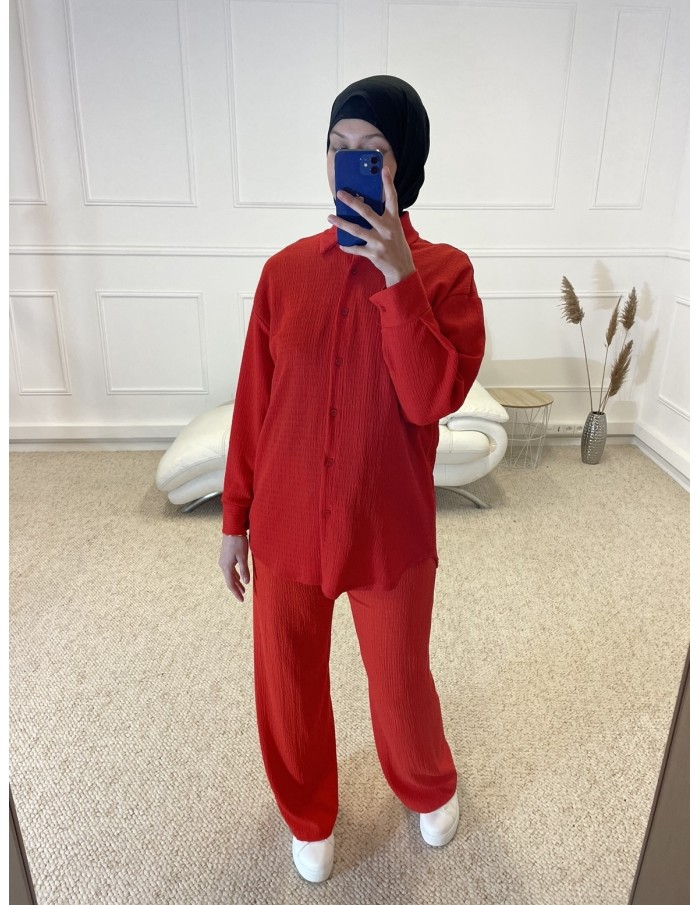 ENSEMBLE 2 PIÈCES CHEMISIER + PANTALON FLUIDE FEMME ROUGE - MASTOUR