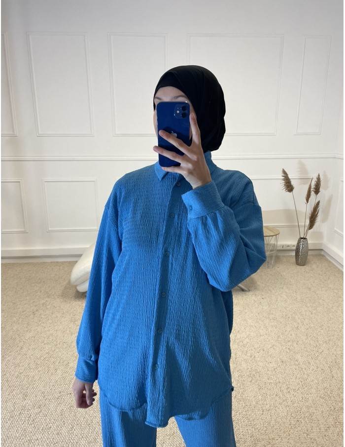 ENSEMBLE 2 PIÈCES CHEMISIER + PANTALON FLUIDE FEMME BLEU - MASTOUR