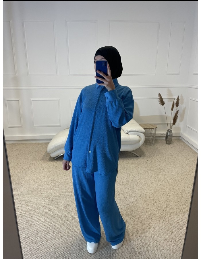 ENSEMBLE 2 PIÈCES CHEMISIER + PANTALON FLUIDE FEMME BLEU - MASTOUR