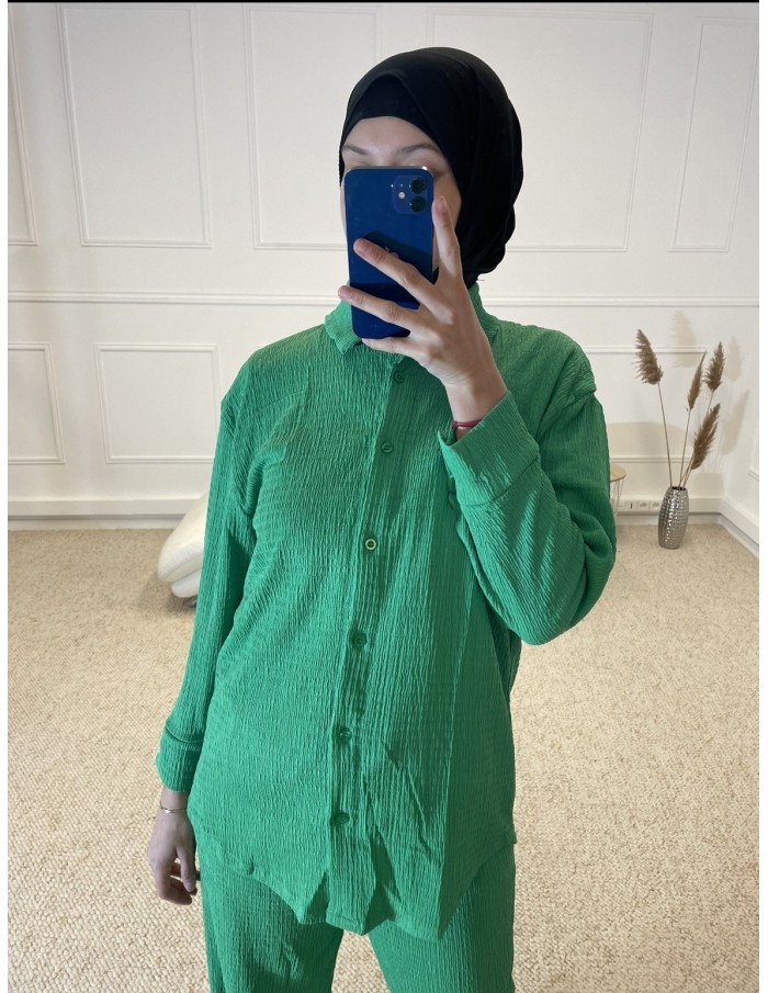 ENSEMBLE 2 PIÈCES CHEMISIER + PANTALON FLUIDE FEMME VERT - MASTOUR