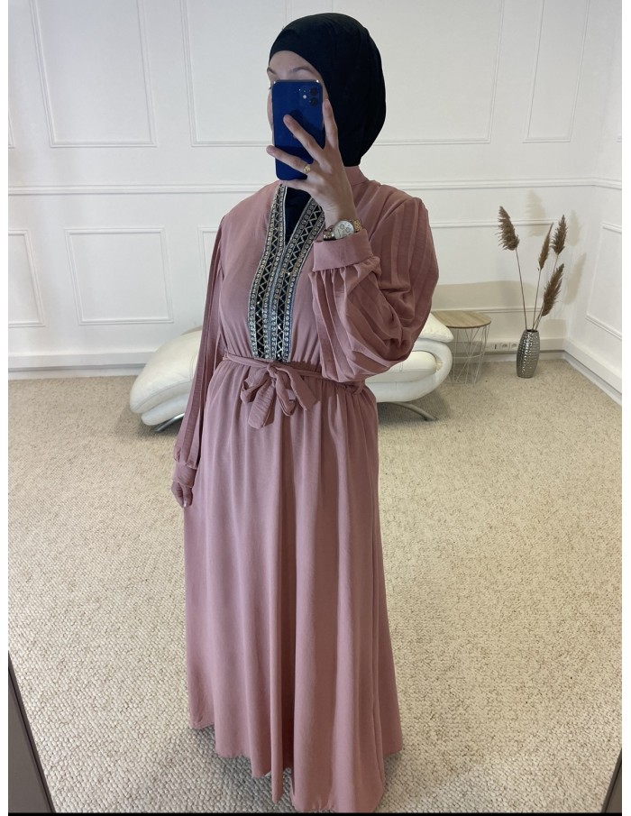 ABAYA AVEC BRODERIE AU COL FEMME ROSE - MASTOUR