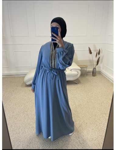 ABAYA AVEC BRODERIE AU COL FEMME BLEU