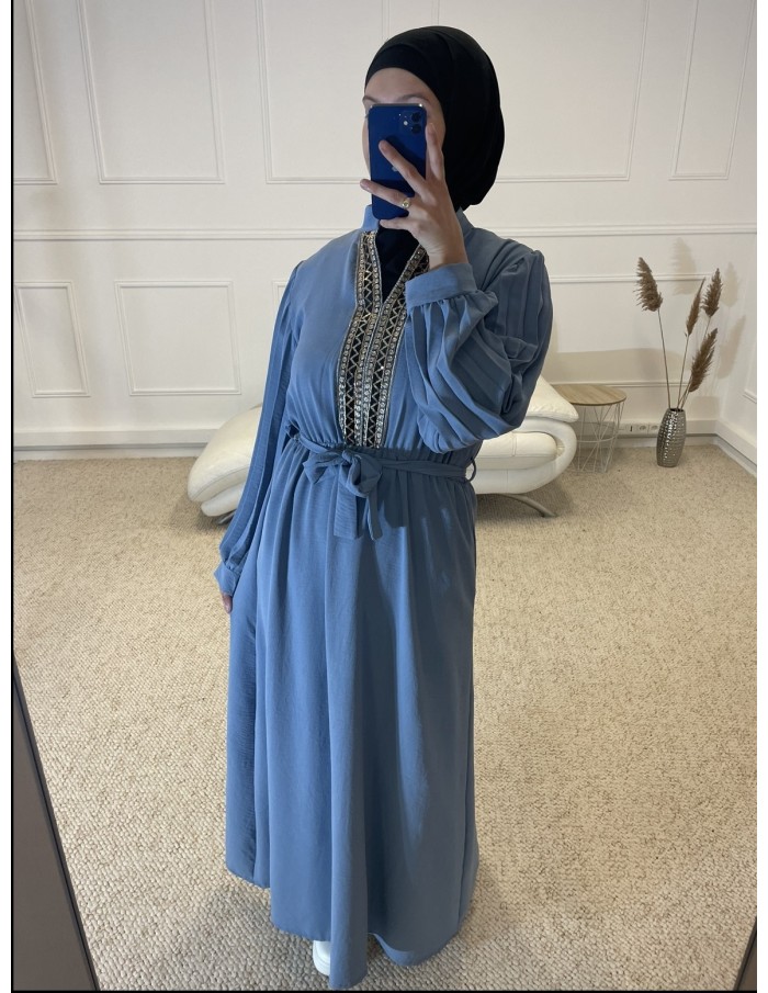 ABAYA AVEC BRODERIE AU COL FEMME BLEU - MASTOUR