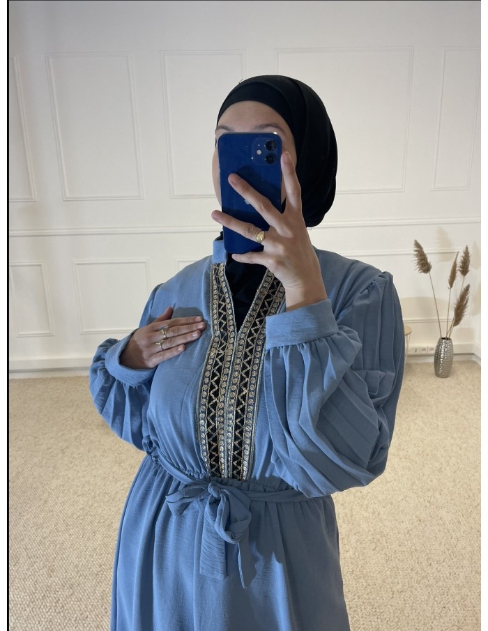 ABAYA AVEC BRODERIE AU COL FEMME BLEU - MASTOUR