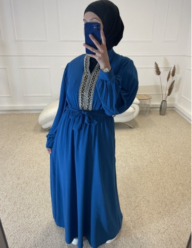 ABAYA AVEC BRODERIE AU COL FEMME BLEU...