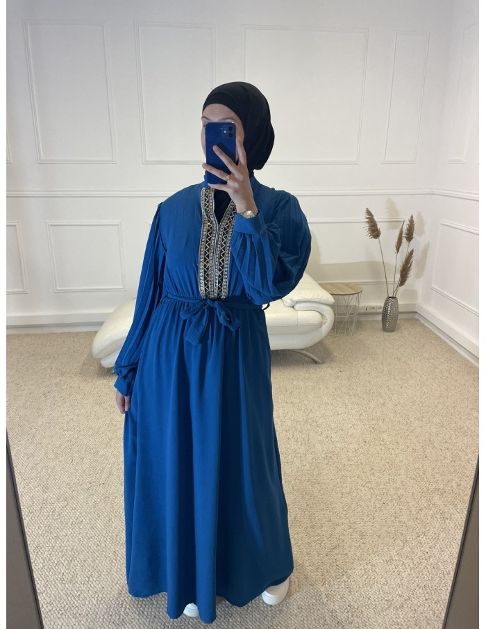 ABAYA AVEC BRODERIE AU COL FEMME BLEU MARINE - MASTOUR