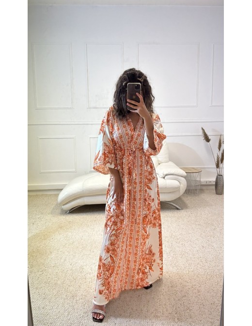 ROBE FLEURI CINTRÉ A LA TAILLE ORANGE - FEMME - FEMME