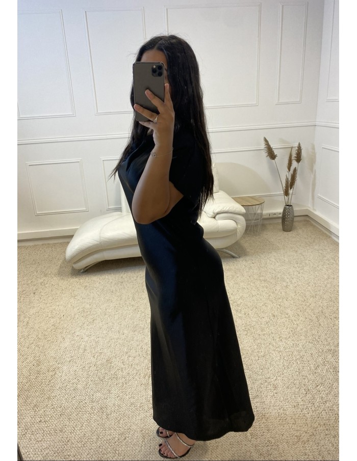 ROBE LONGUE EN SATIN MANCHE COURTE NOIR FEMME - FEMME