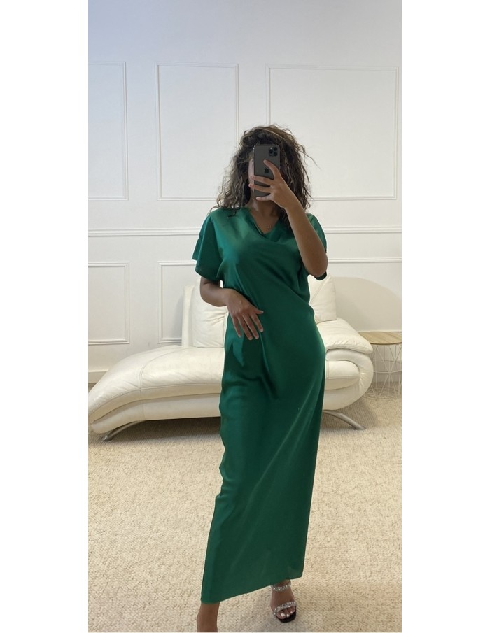 ROBE LONGUE EN SATIN MANCHE COURTE VERT FEMME - FEMME