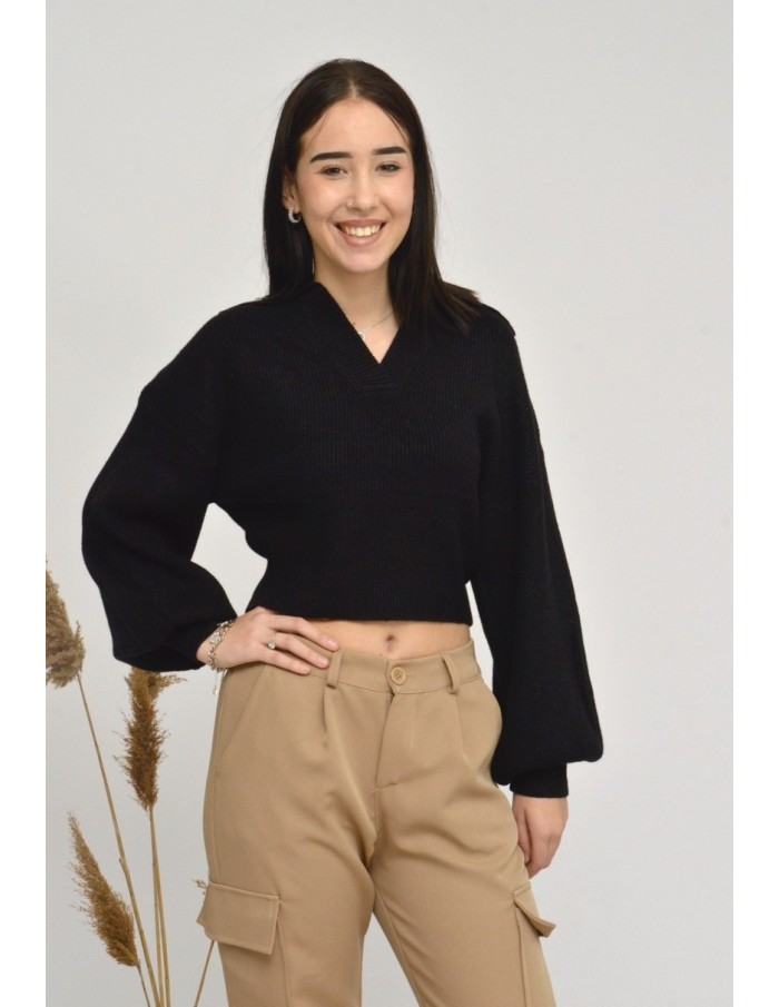 PULL COL V COURT - NOIR- FEMME - Accueil