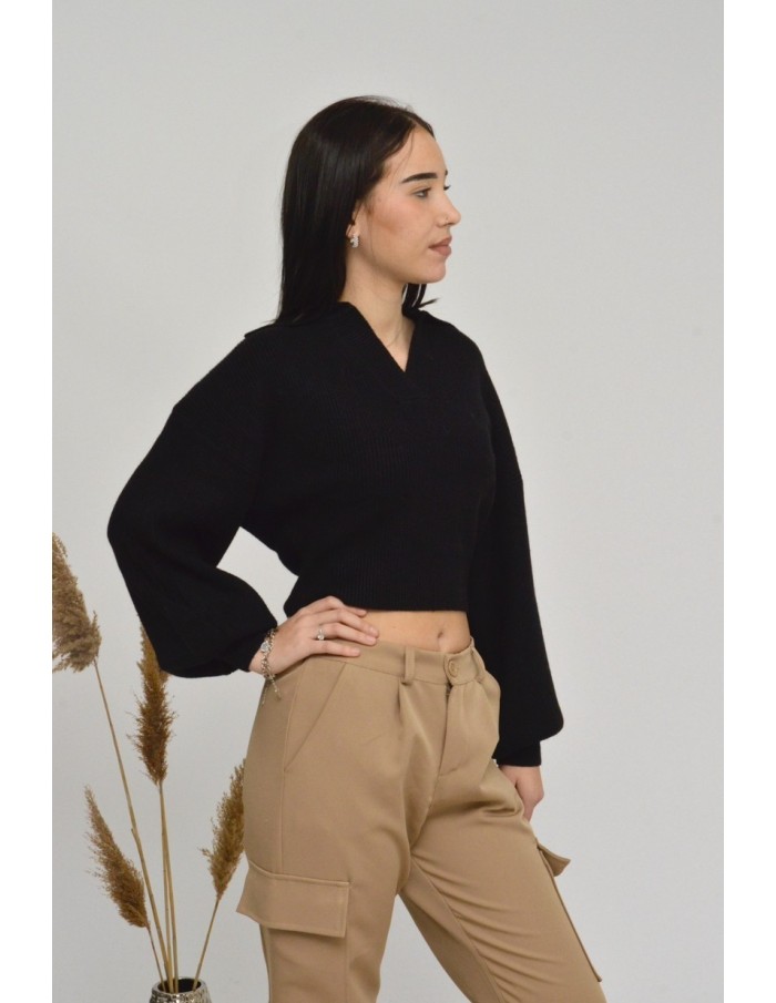 PULL COL V COURT - NOIR- FEMME - Accueil