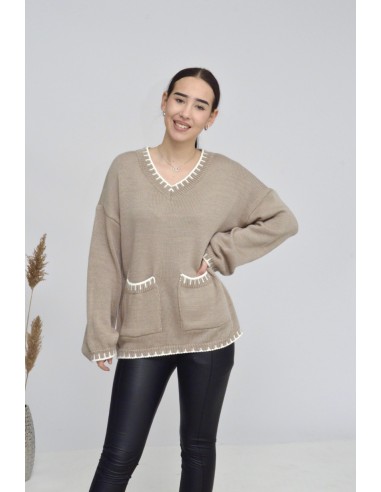 PULL COL V -taupe -FEMME