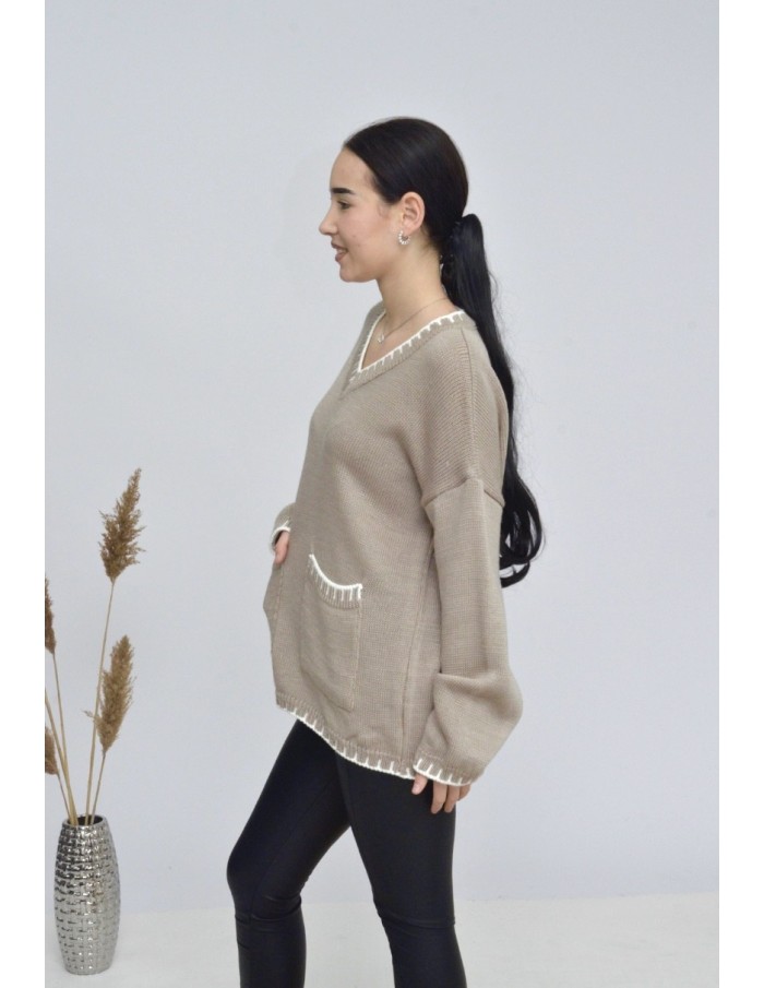PULL COL V -taupe -FEMME - Accueil