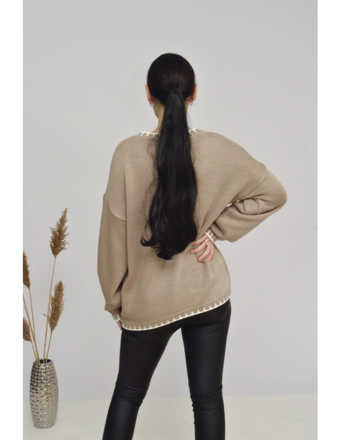 PULL COL V -taupe -FEMME - Accueil