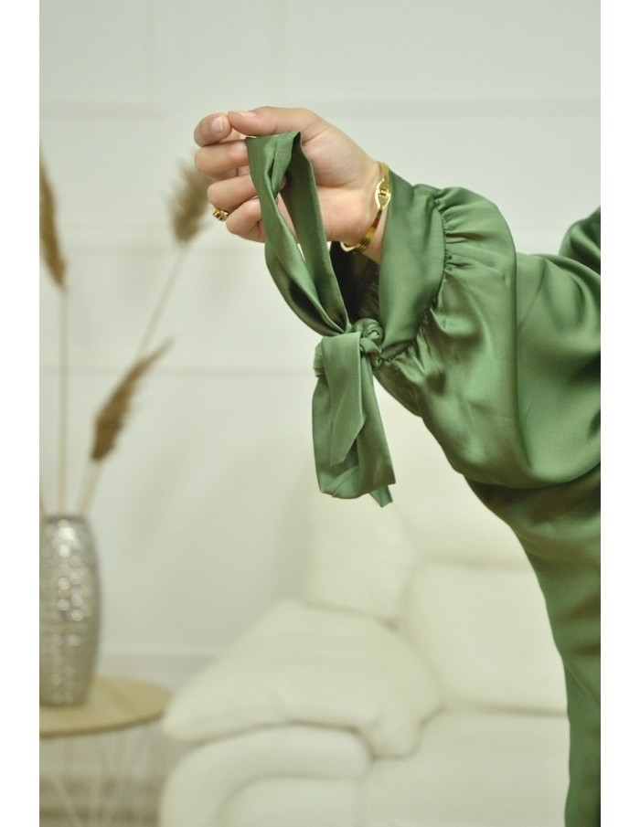 Ensemble 2 pièces kIMONO-ROBE en satin-vert -Femme - Accueil
