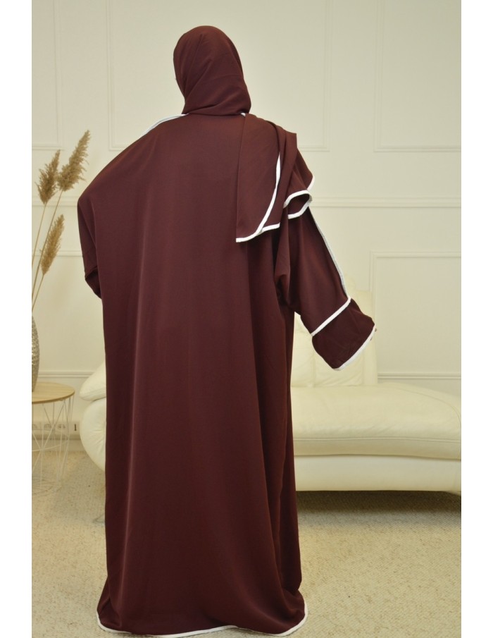 ensemble 2 pieces avec voile integré marron abaya - mastour - Accueil