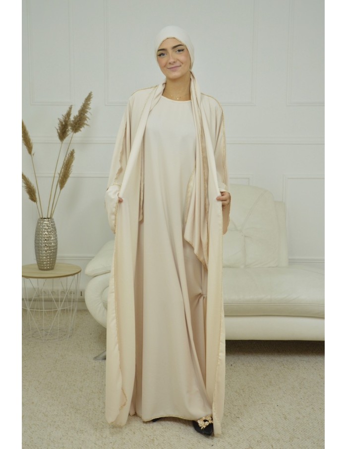 ENSEMBLE 2 PIECES AVEC VOILE INTEGRÉ BEIGE CLAIR ABAYA - MASTOUR - Accueil