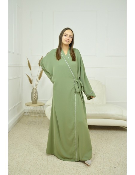 ROBE CACHE-COEUR À BORDURES ARGENTÉES KIMONO KAKI FEMME - Accueil