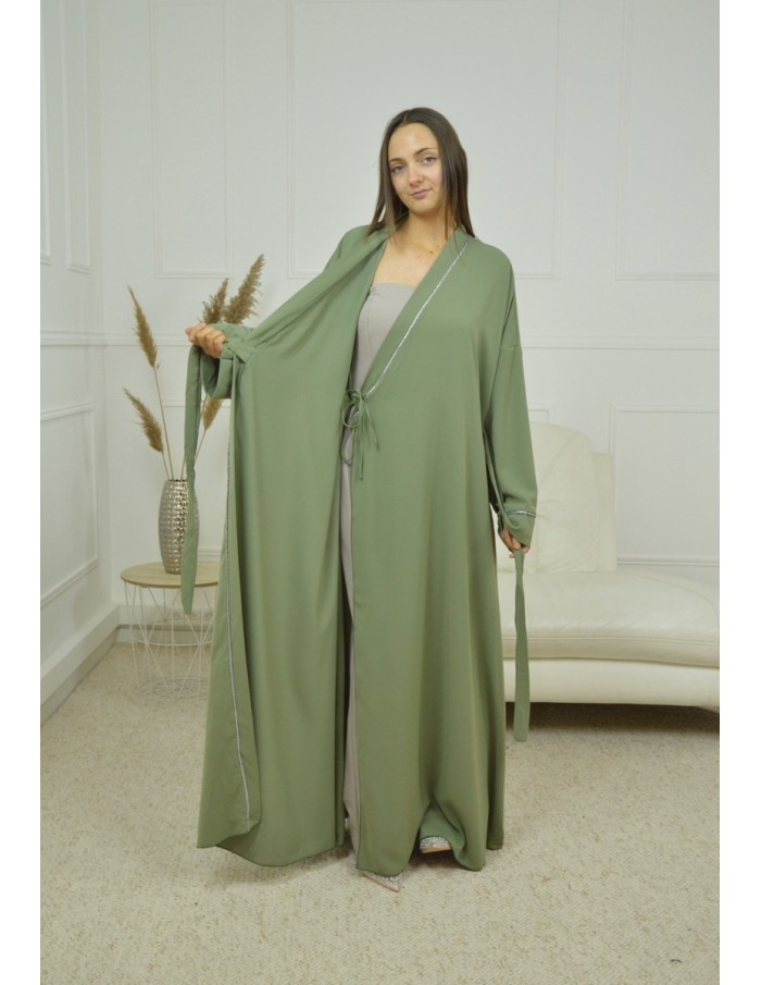 ROBE CACHE-COEUR À BORDURES ARGENTÉES KIMONO KAKI FEMME - Accueil