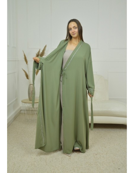 ROBE CACHE-COEUR À BORDURES ARGENTÉES KIMONO KAKI FEMME - Accueil