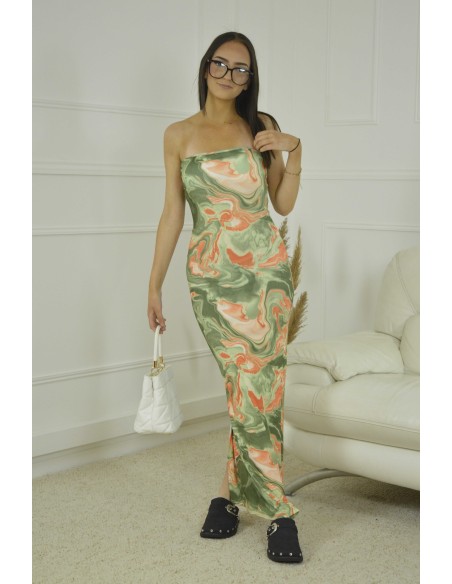 ROBE BUSTIER LONGUE MOTIF MARBRE - FEMME - VERT - Accueil