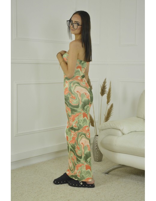 ROBE BUSTIER LONGUE MOTIF MARBRE - FEMME - VERT - Accueil 2