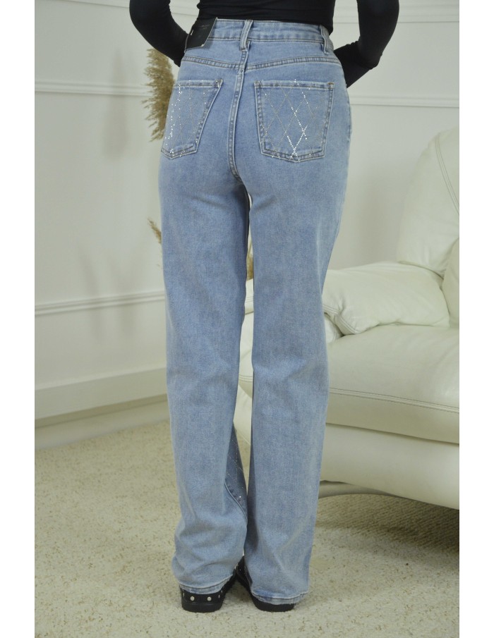 JEANS COUPE DROITE STRASS -FEMME- BLEU CIEL - Accueil
