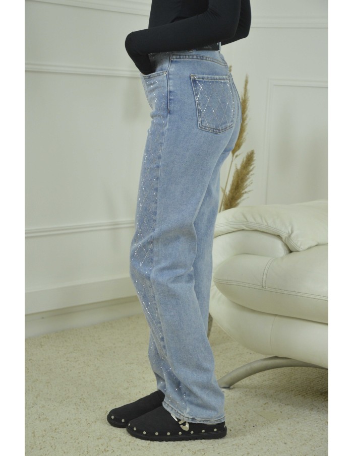 JEANS COUPE DROITE STRASS -FEMME- BLEU CIEL - Accueil
