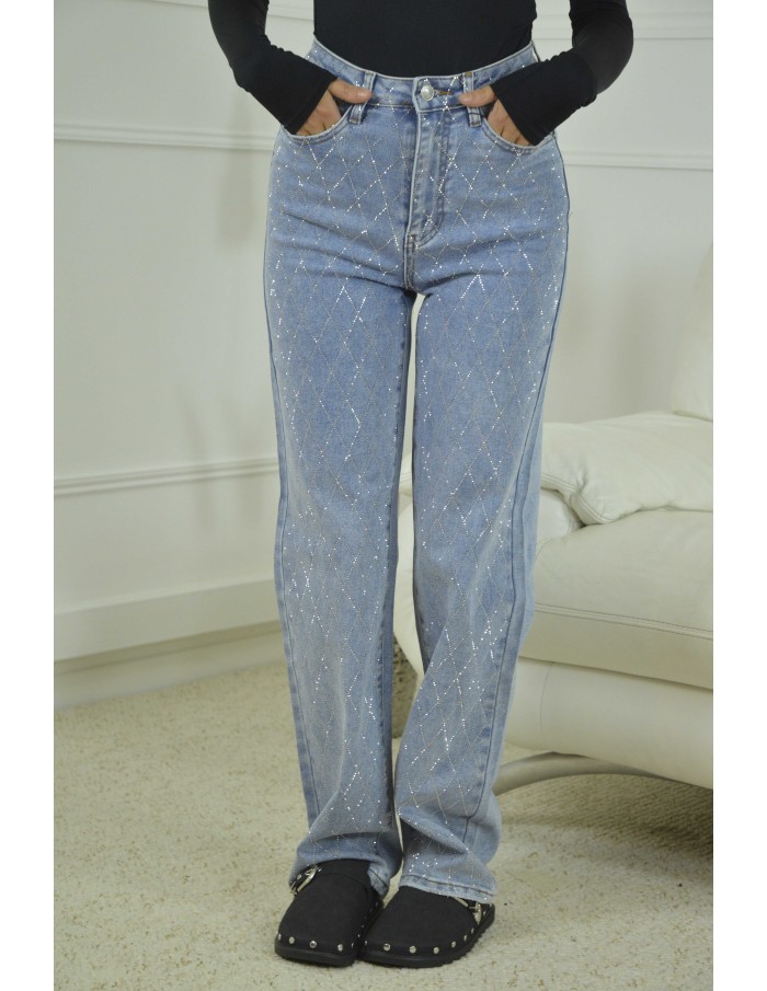 JEANS COUPE DROITE STRASS -FEMME- BLEU CIEL - Accueil