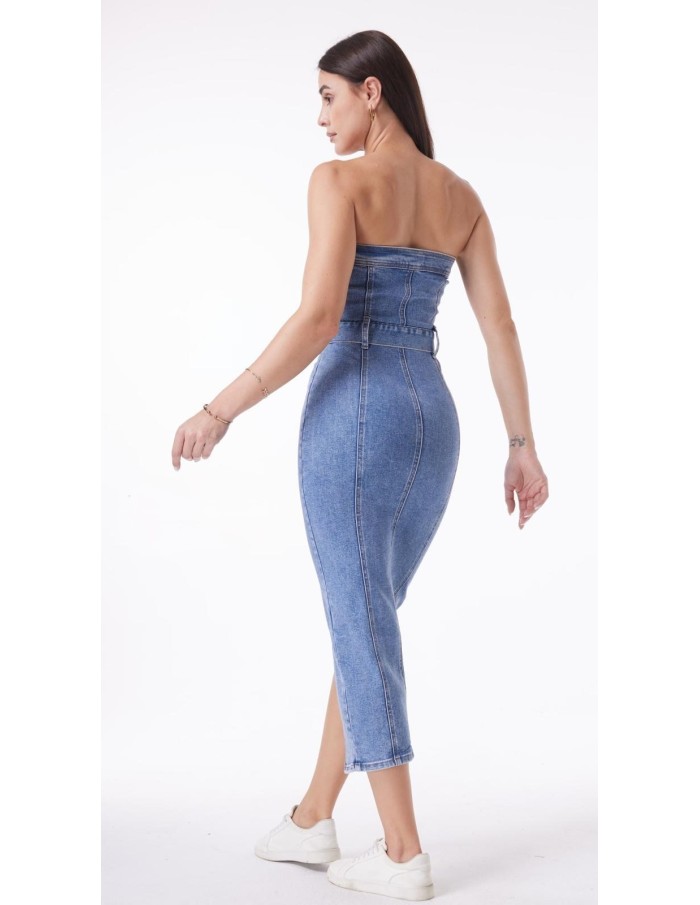 Robe bustier en jean avec ceinture et fente avant - Accueil