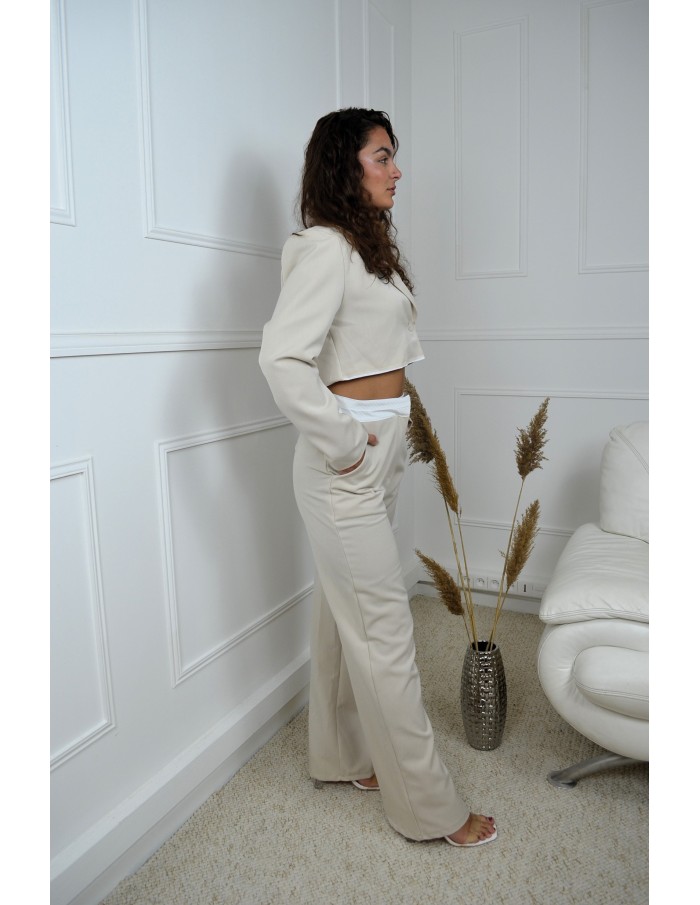 Ensemble blazer court + pantalon beige - femme - Accueil