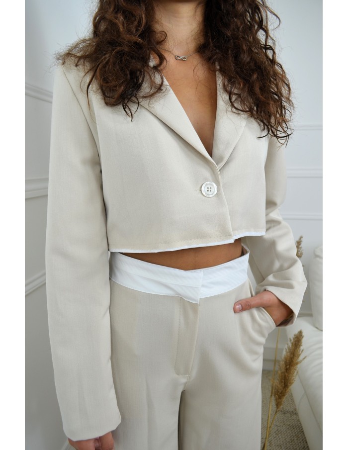 Ensemble blazer court + pantalon beige - femme - Accueil
