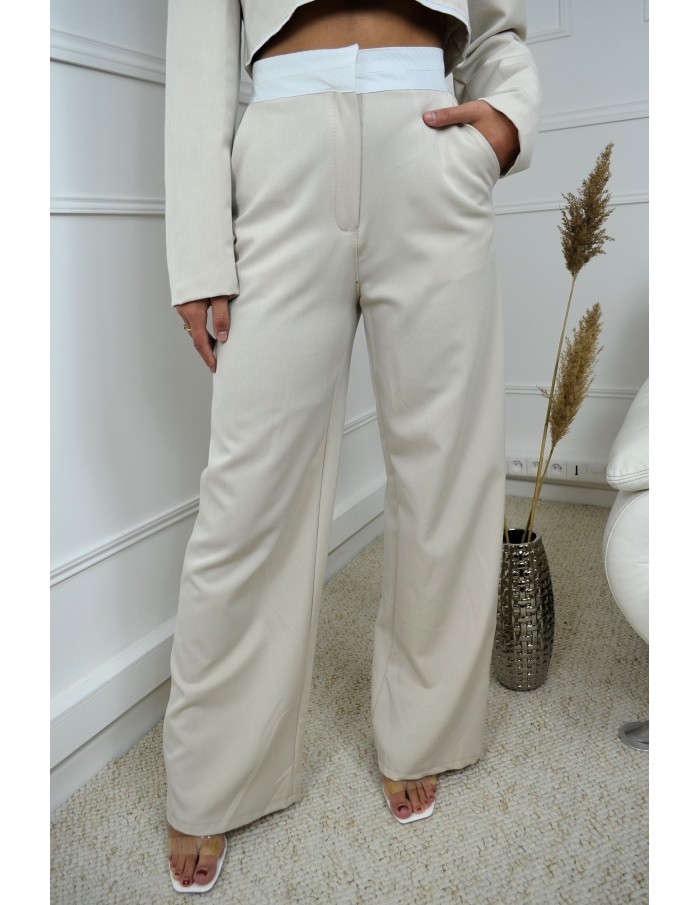 Ensemble blazer court + pantalon beige - femme - Accueil