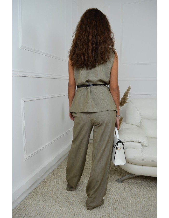 Ensemble top ceinturé + pantalon taupe - femme - Accueil