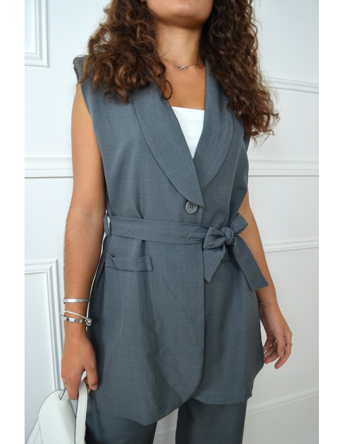 Ensemble blazer sans manches + pantalon gris - femme - Accueil