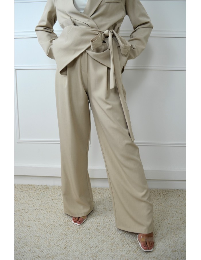 Ensemble blazer de tailleur noué + pantalon beige - femme - Accueil
