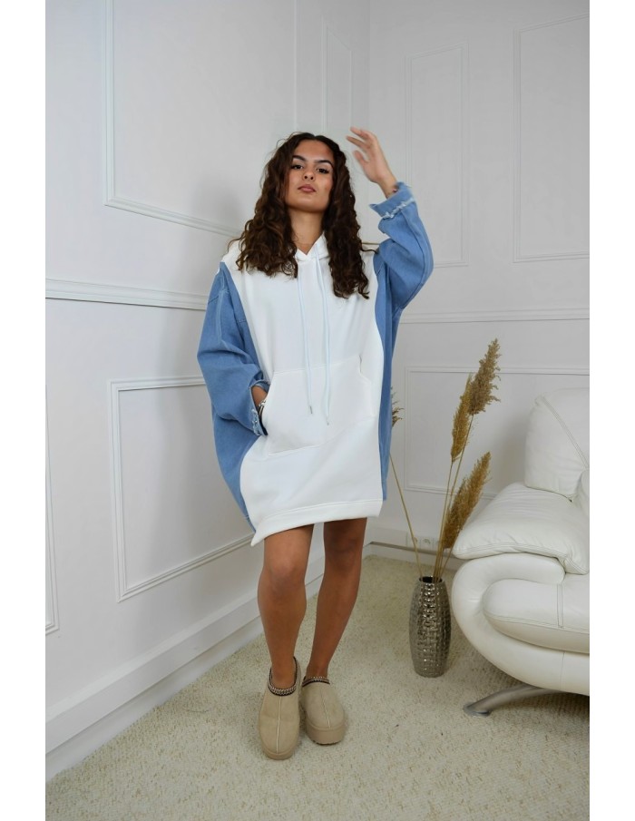 Robe sweat ample bi-matière en jean gris - femme - Accueil