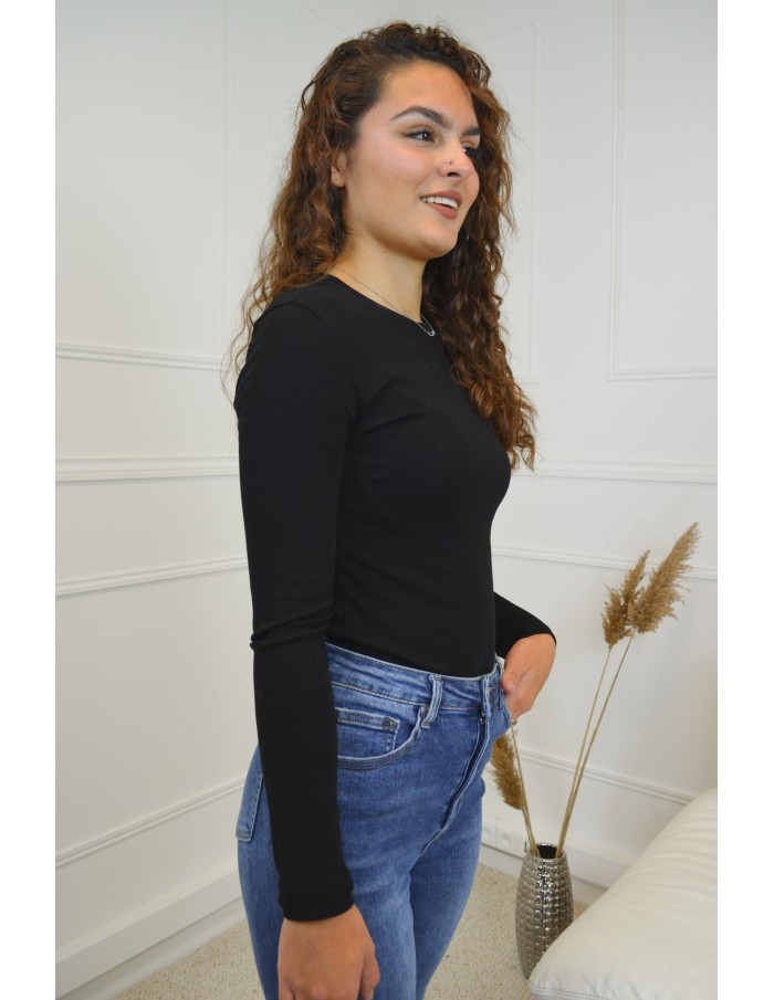 T-shirt noir à manches longues col rond - femme - Accueil