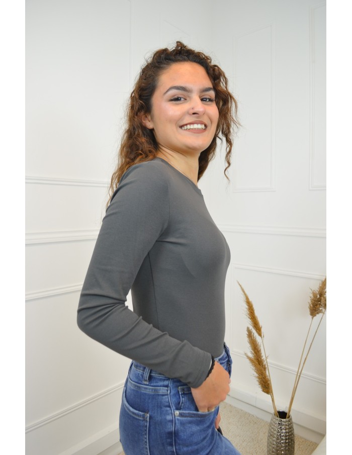 T-shirt gris à manches longues col rond - femme - Accueil