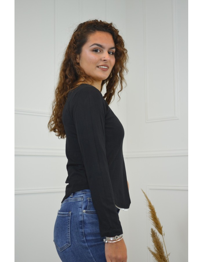 T-shirt noir à manches longues avec sous-top blanc - Femme - Accueil