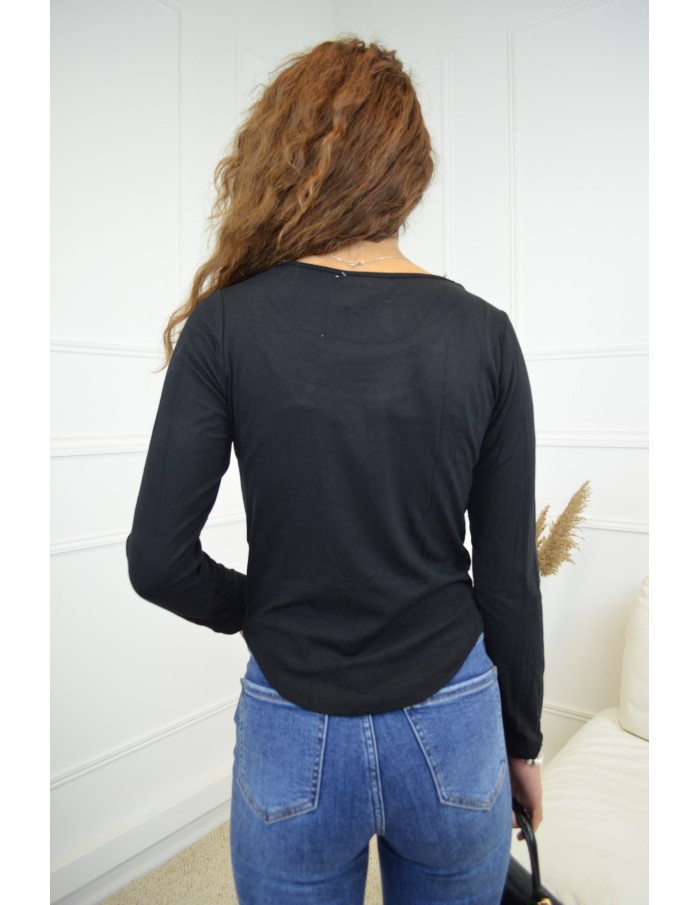 T-shirt noir à manches longues avec sous-top blanc - Femme - Accueil