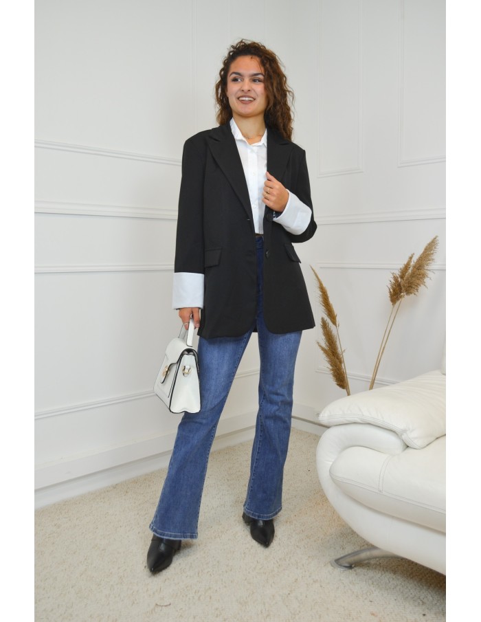 Veste blazer noir oversize avec poignets blancs - femme - Accueil